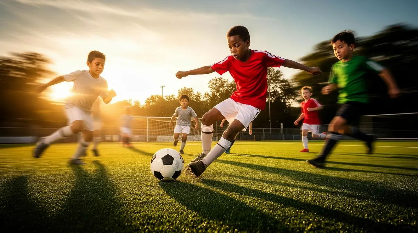 Kids playing soccer at golden hour